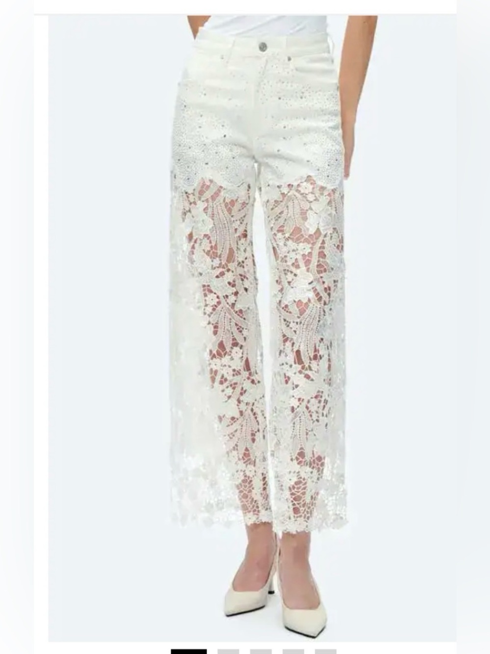 BAYEAS 
High-Waist Crystal-Embellished Lace Wide-Leg Jeans - White